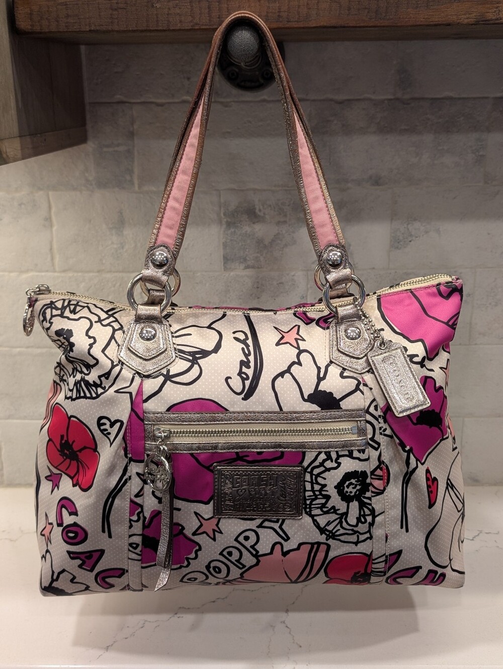 Coach Poppy Graffiti Print Tote - GUC - Pink/White 16x9x5.5 inches